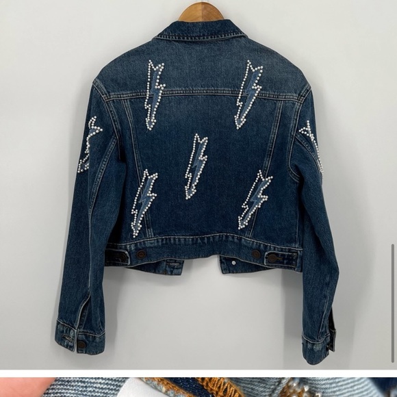 Sandro Pearl Lightning Bolt Cropped Denim Crop Jean Jacket - Picture 11 of 13